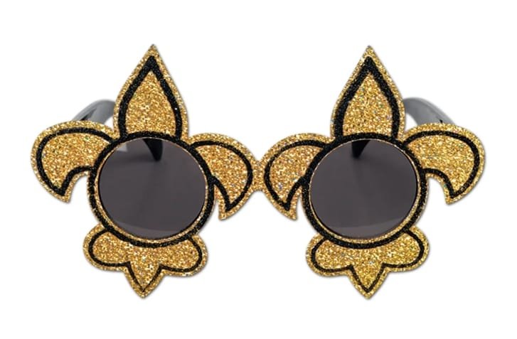 Round sunglasses with gold and black fleur-de-lis frames.
