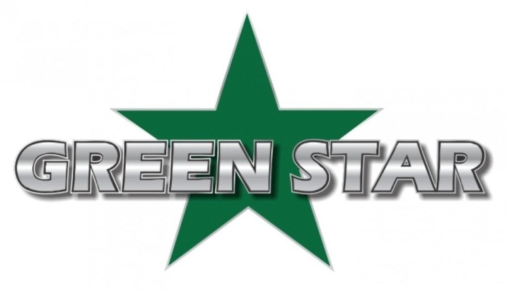 Green star with metallic text overlay.