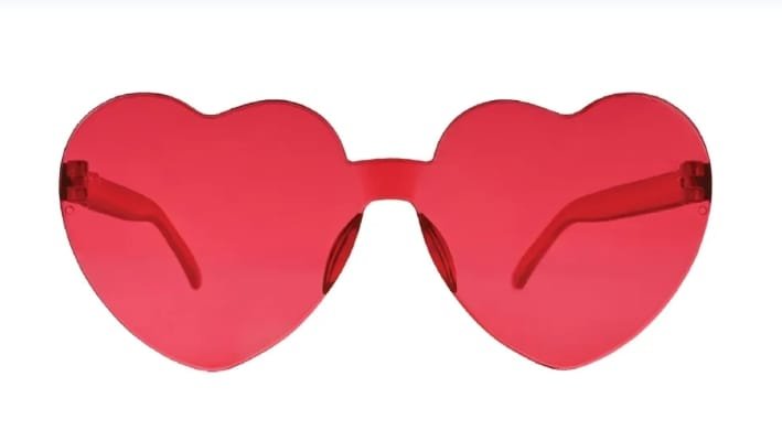 Red heart-shaped sunglasses with a playful design.